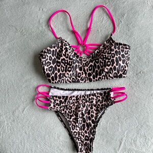 Leopard Print Bikini with Pink Straps
